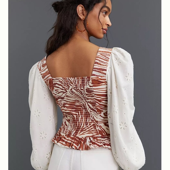 NWT Anthropologie Love The Label Smocked Puff-Sleeve Blouse XL - Picture 2 of 8